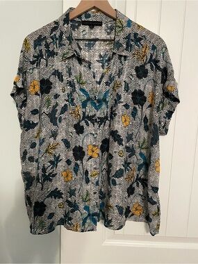Jane & Delancey Button-Front Floral Print Blouse - Navy, White, Teal & Yellow